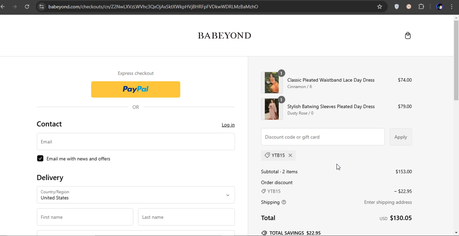 Babeyond discount code screenshot showing code YTB15 applied at Babeyond checkout page. Uploaded by SimplyCodes community member xXSATOXx on Mar 4, 2025