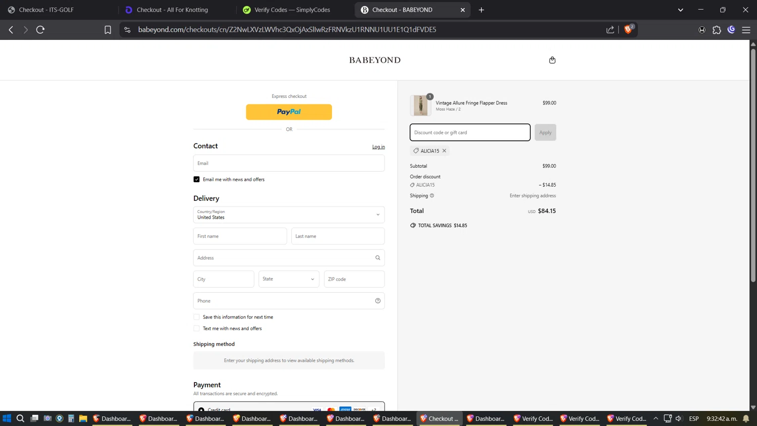 Babeyond discount code screenshot showing code ALICIA15 applied at Babeyond checkout page. Uploaded by SimplyCodes community member Amidamaru on Apr 4, 2025