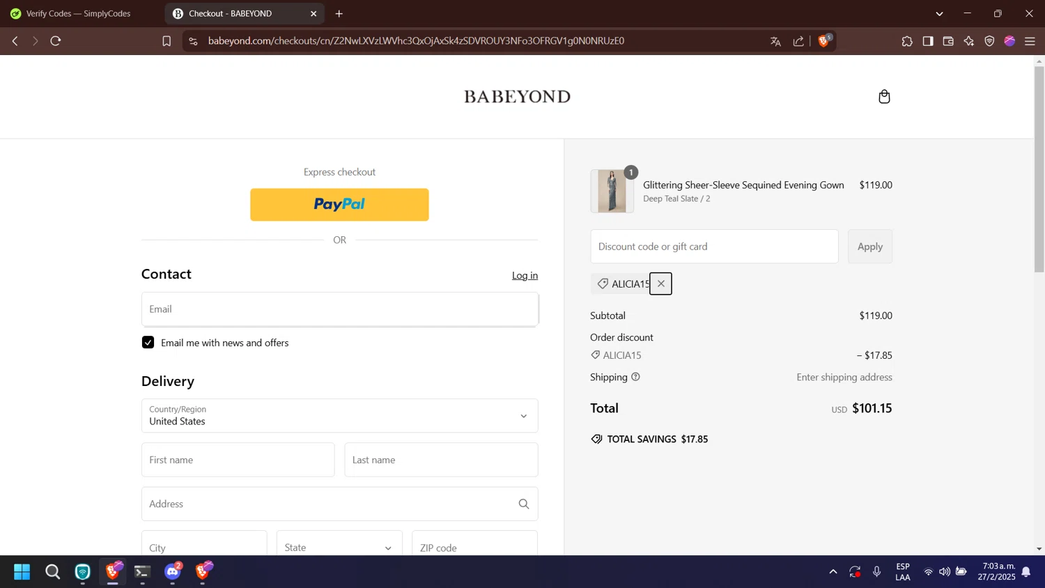 Babeyond discount code screenshot showing code ALICIA15 applied at Babeyond checkout page. Uploaded by SimplyCodes community member trabajo on Feb 27, 2025
