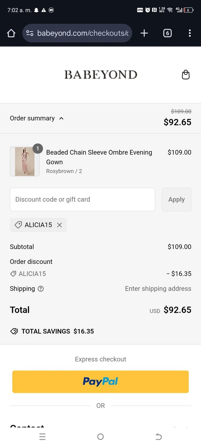 Babeyond discount code screenshot showing code ALICIA15 applied at Babeyond checkout page. Uploaded by SimplyCodes community member kikimbappe on Feb 27, 2025