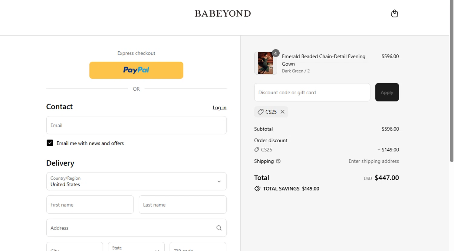 Babeyond discount code screenshot showing code CS25 applied at Babeyond checkout page. Uploaded by SimplyCodes community member BudgetWizard6950 on Aug 29, 2025