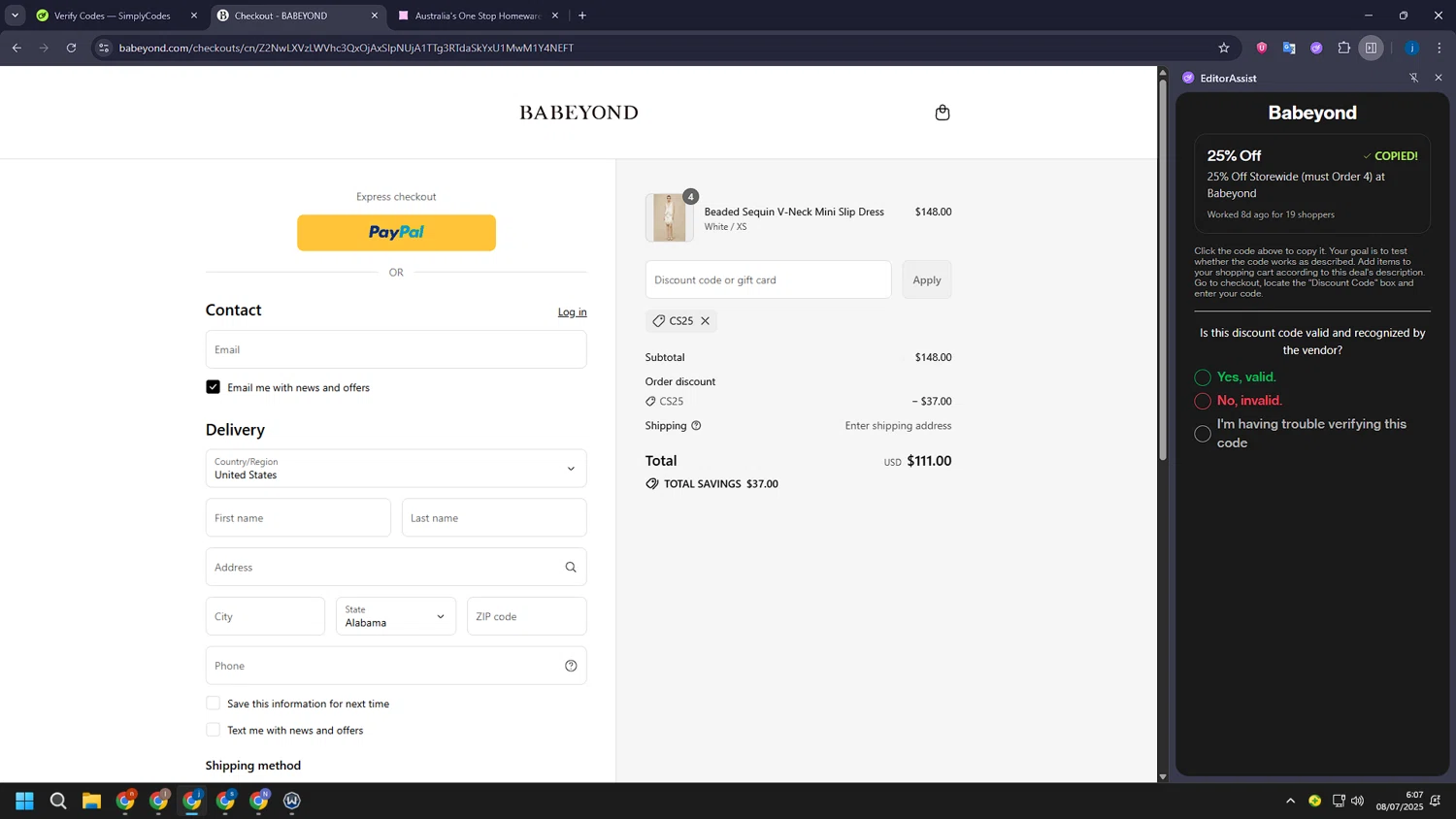 Babeyond discount code screenshot showing code CS25 applied at Babeyond checkout page. Uploaded by SimplyCodes community member CashLegend3767 on Jul 8, 2025
