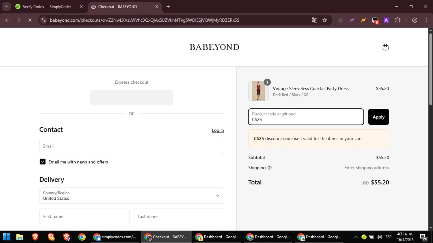 Babeyond discount code screenshot showing code CS25 applied at Babeyond checkout page. Uploaded by SimplyCodes community member CouponGuardian8137 on Apr 16, 2025