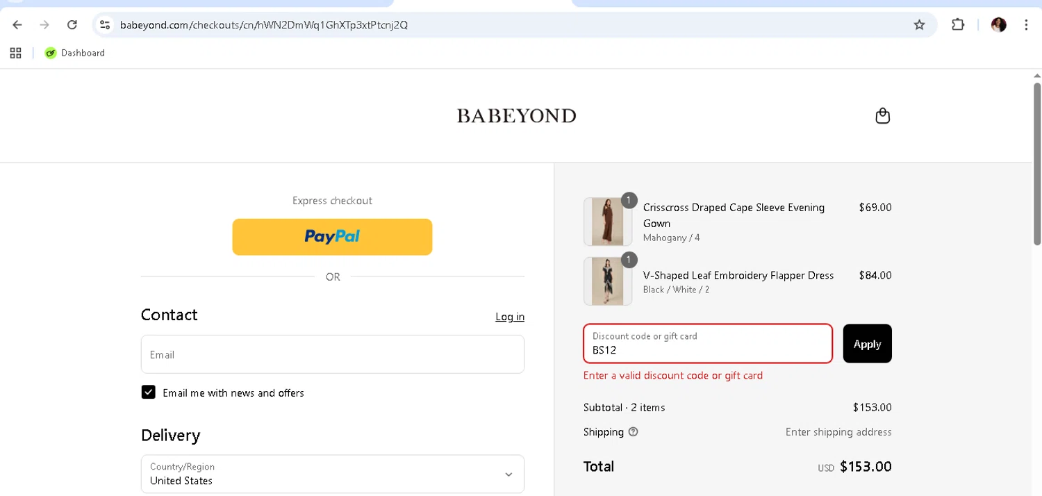 Babeyond discount code screenshot showing code BS12 applied at Babeyond checkout page. Uploaded by SimplyCodes community member monicacaraballo on Aug 25, 2025