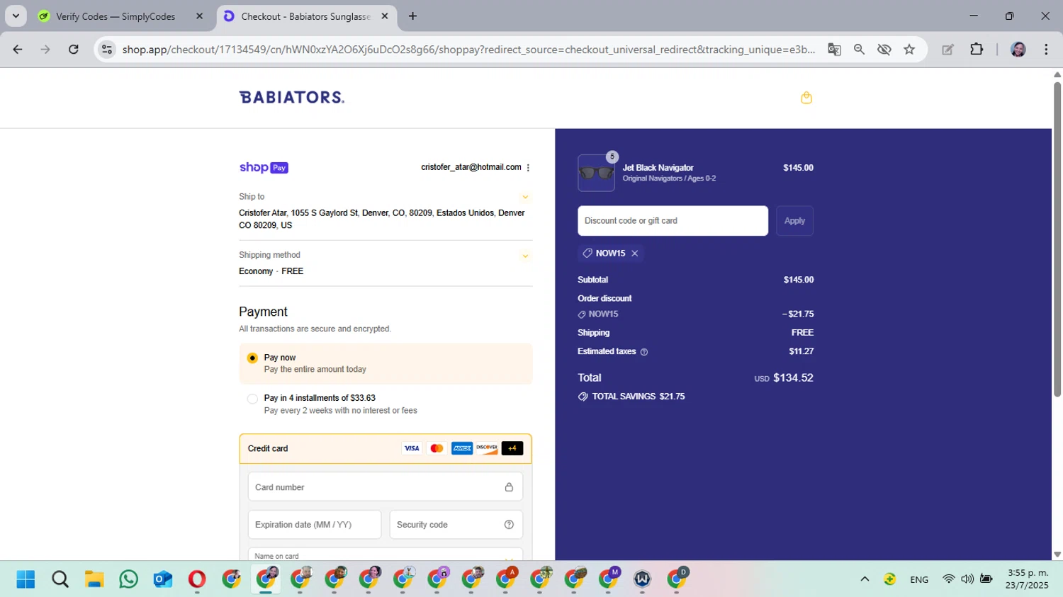 Babiators discount code screenshot showing code NOW15 applied at Babiators checkout page. Uploaded by SimplyCodes community member MarielisPb on Jul 23, 2025