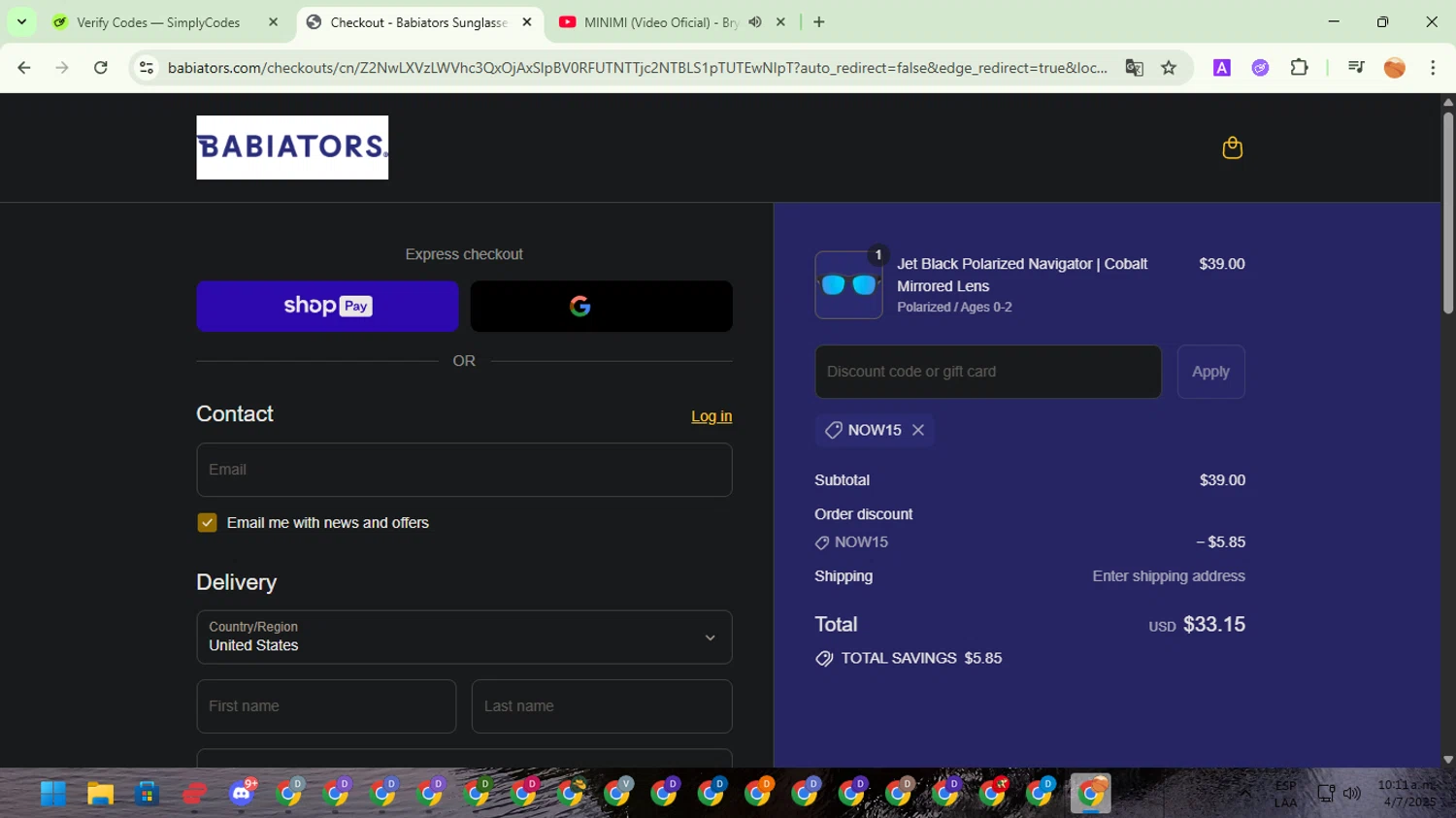 Babiators discount code screenshot showing code NOW15 applied at Babiators checkout page. Uploaded by SimplyCodes community member TreasureSentinel5290 on Jul 4, 2025