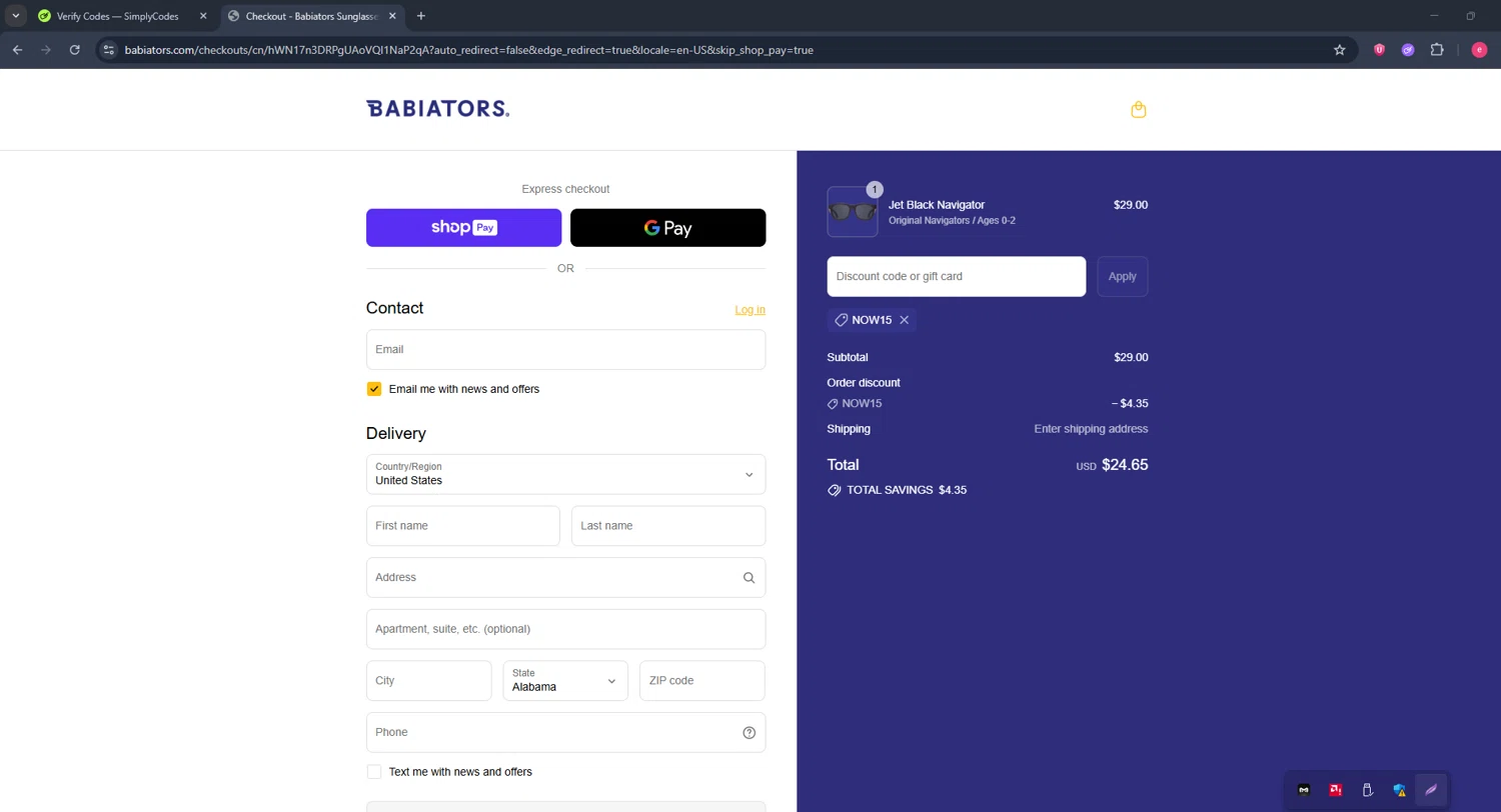 Babiators discount code screenshot showing code NOW15 applied at Babiators checkout page. Uploaded by SimplyCodes community member TreasureWarden457 on Jul 27, 2025