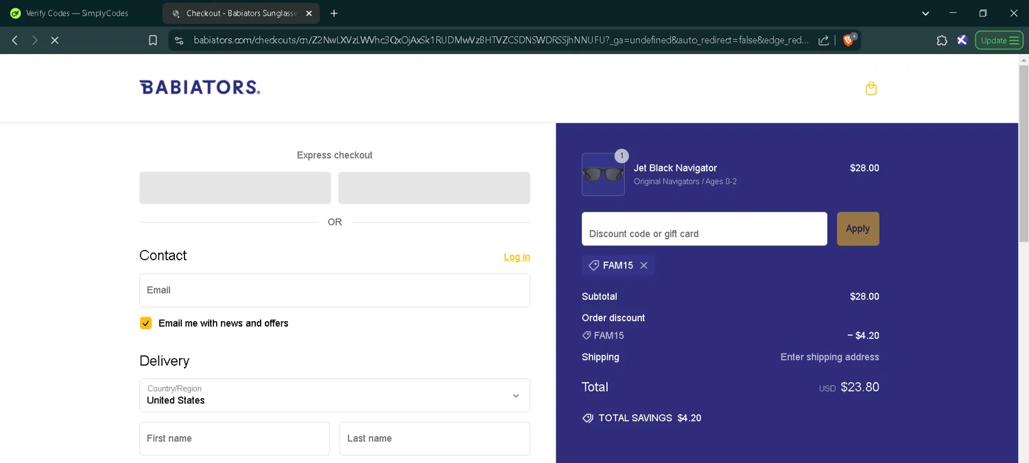 Babiators discount code screenshot showing code FAM15 applied at Babiators checkout page. Uploaded by SimplyCodes community member RoyalMaverick7546 on Feb 22, 2025