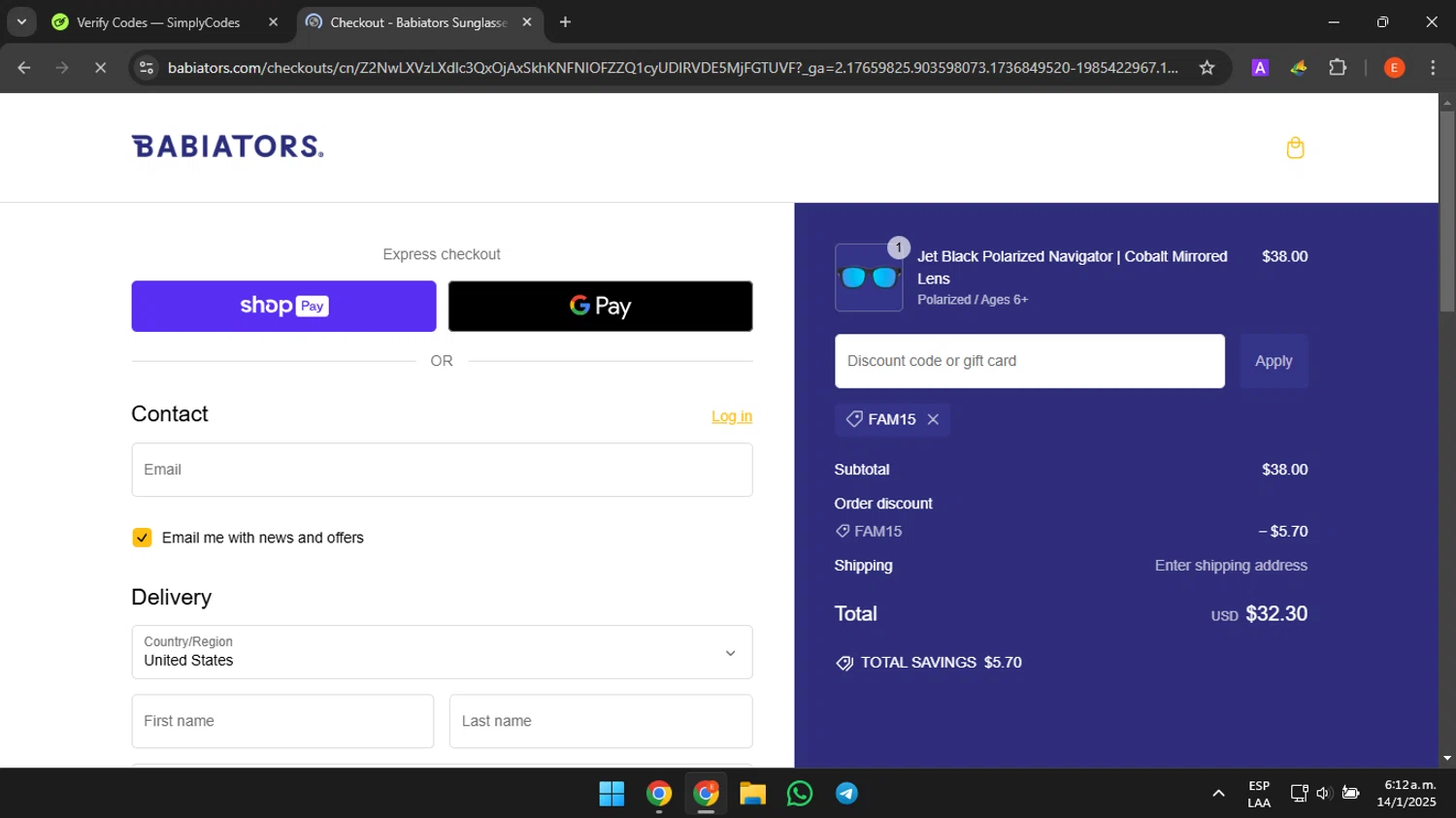 Babiators discount code screenshot showing code FAM15 applied at Babiators checkout page. Uploaded by SimplyCodes community member CrownHero8789 on Jan 14, 2025