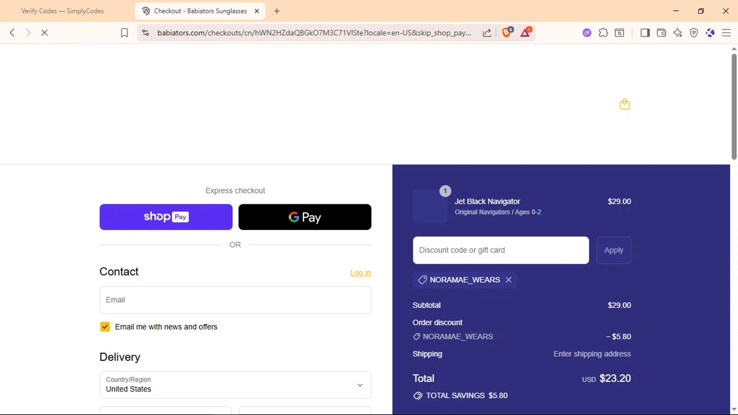 Babiators discount code screenshot showing code NORAMAE_WEARS applied at Babiators checkout page. Uploaded by SimplyCodes community member Avio_21 on Aug 27, 2025
