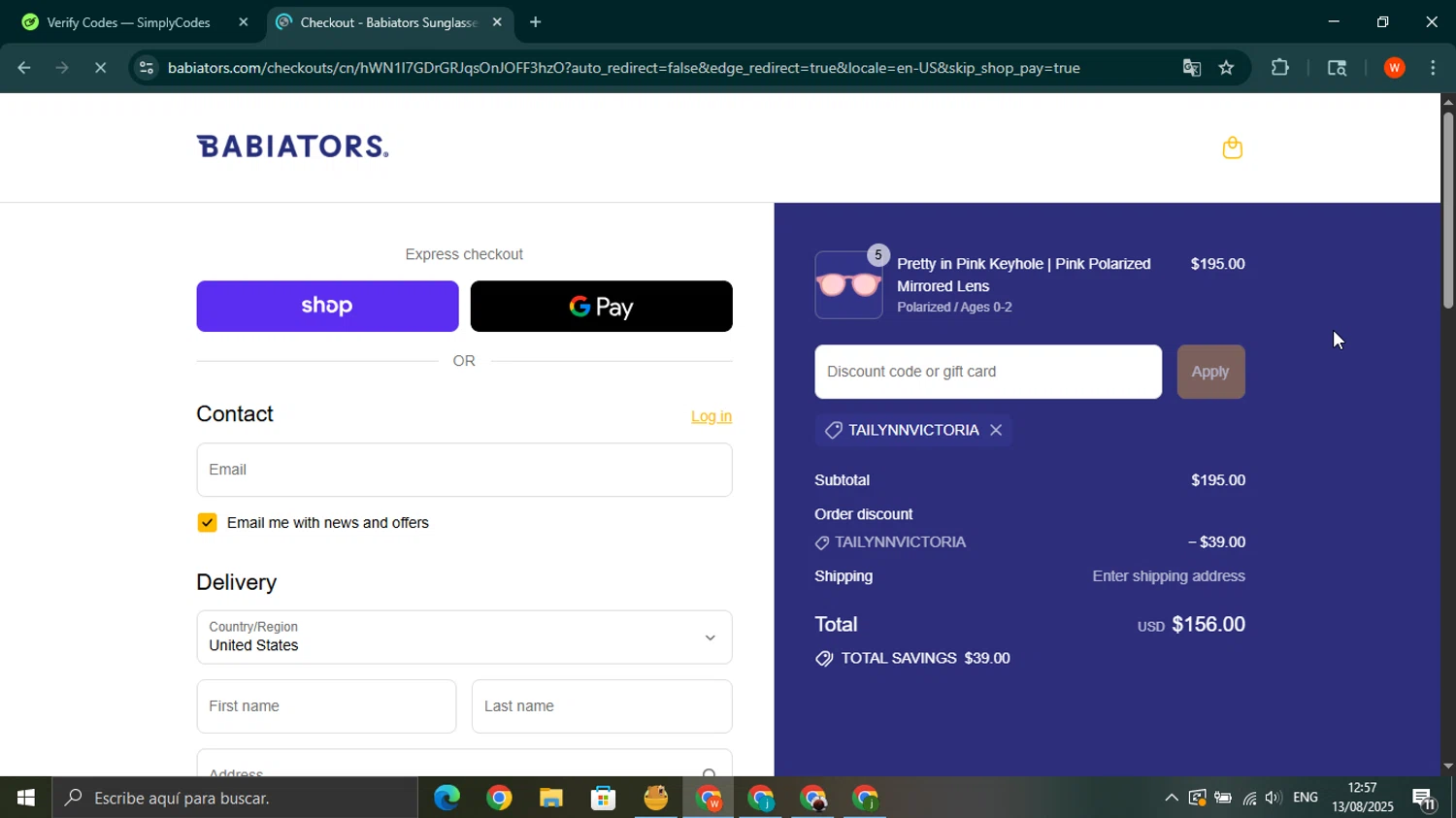 Babiators discount code screenshot showing code TAILYNNVICTORIA applied at Babiators checkout page. Uploaded by SimplyCodes community member wilferji on Aug 13, 2025