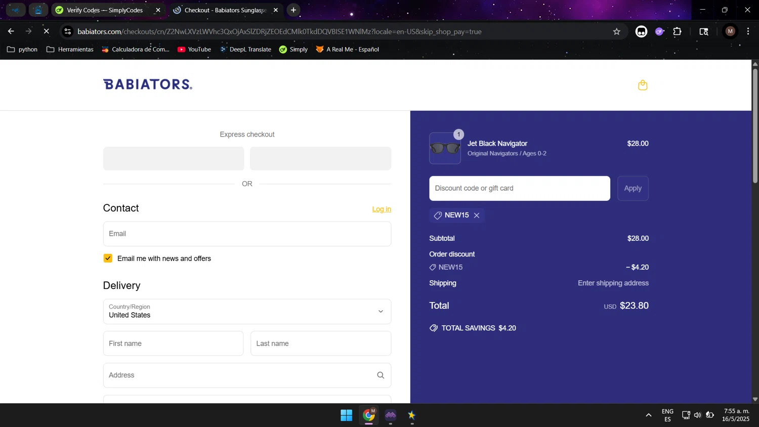 Babiators discount code screenshot showing code NEW15 applied at Babiators checkout page. Uploaded by SimplyCodes community member Maocar on May 16, 2025