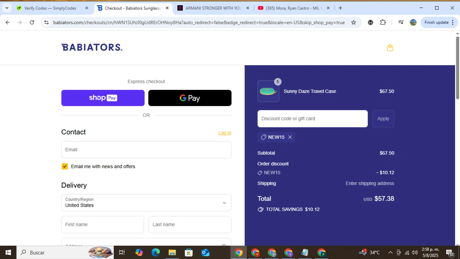 Babiators discount code screenshot showing code NEW15 applied at Babiators checkout page. Uploaded by SimplyCodes community member RoyalHero6815 on Aug 5, 2025