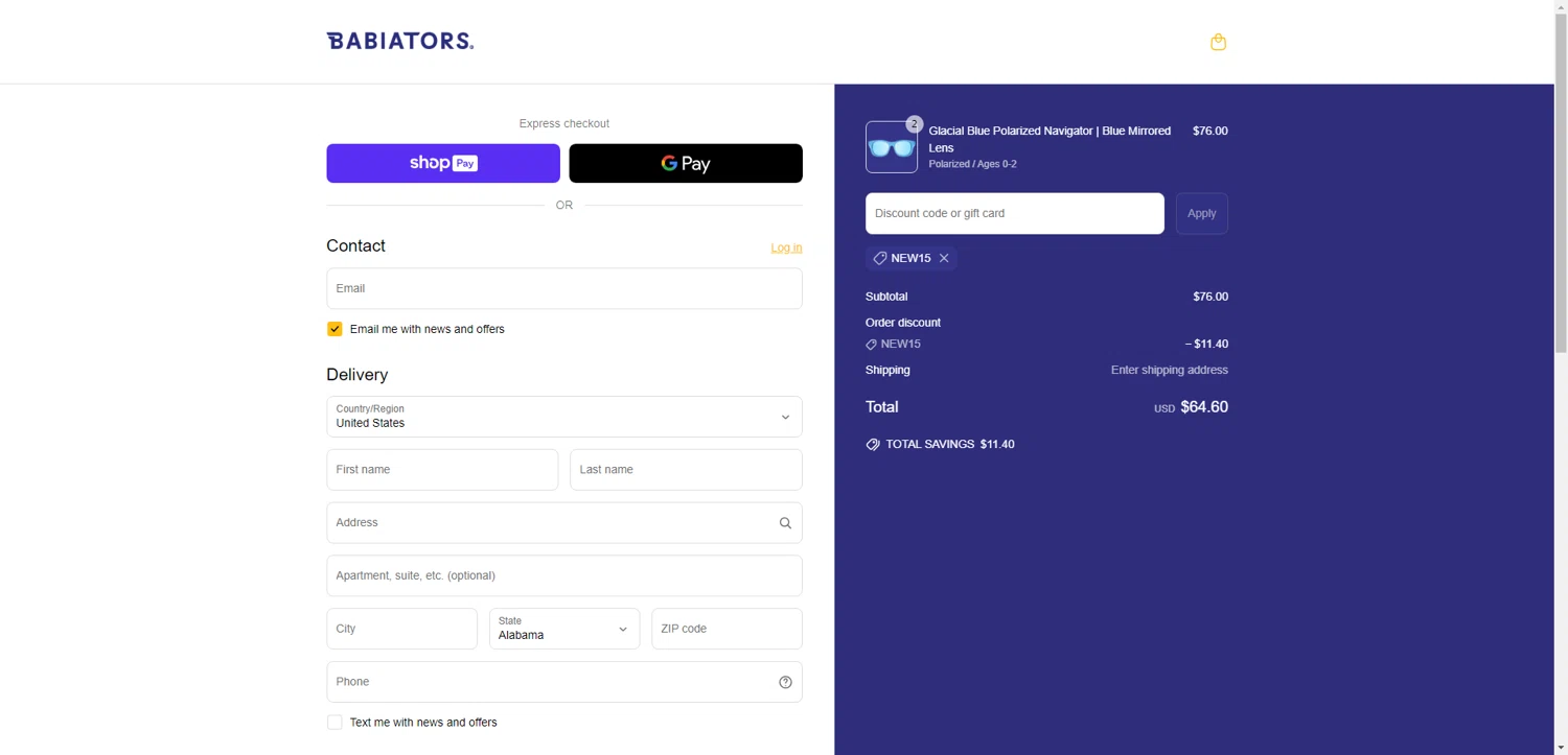 Babiators discount code screenshot showing code NEW15 applied at Babiators checkout page. Uploaded by SimplyCodes community member VoucherHero1009 on May 4, 2025