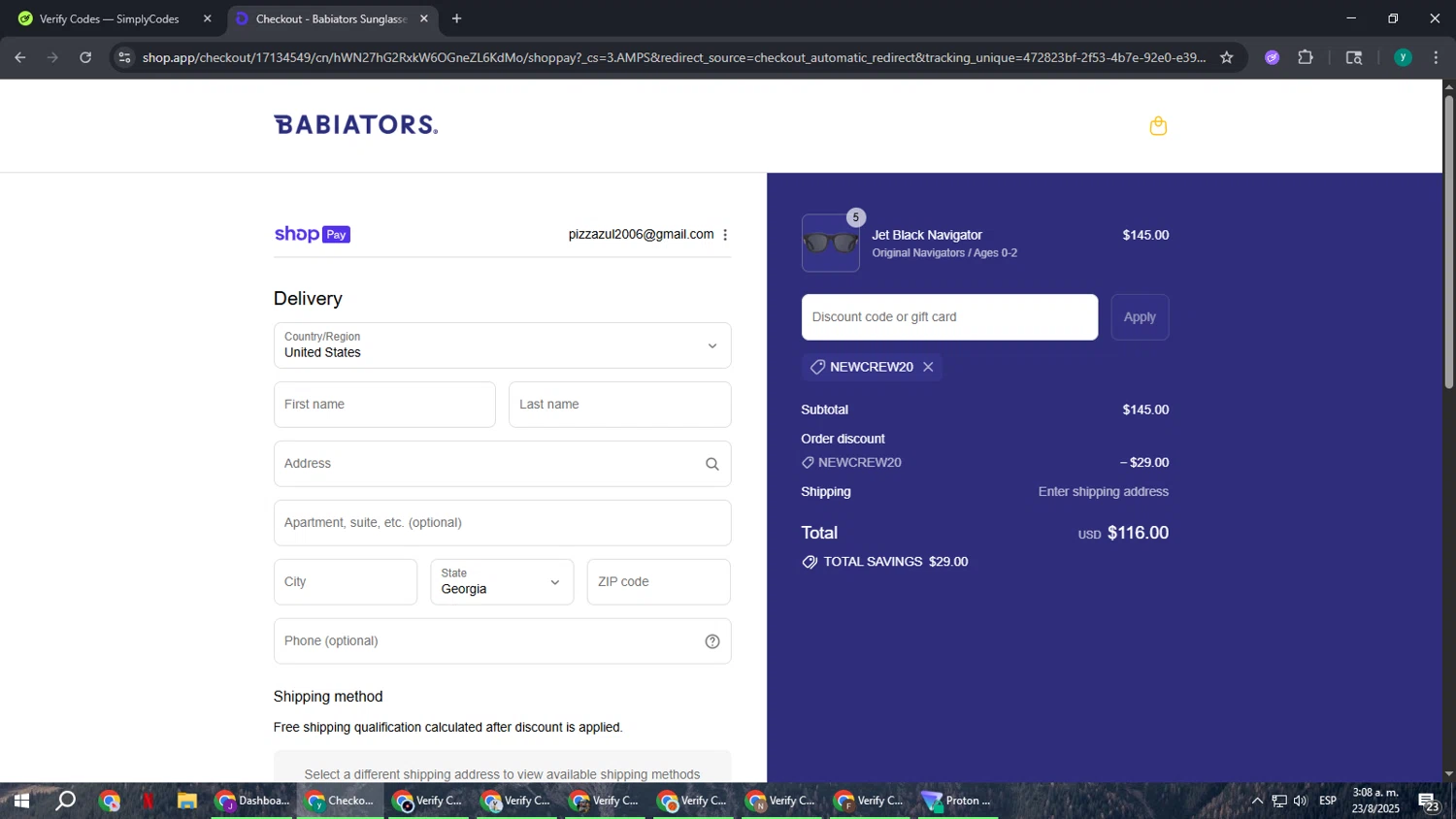 Babiators discount code screenshot showing code NEWCREW20 applied at Babiators checkout page. Uploaded by SimplyCodes community member FrugalCaptain6906 on Aug 23, 2025