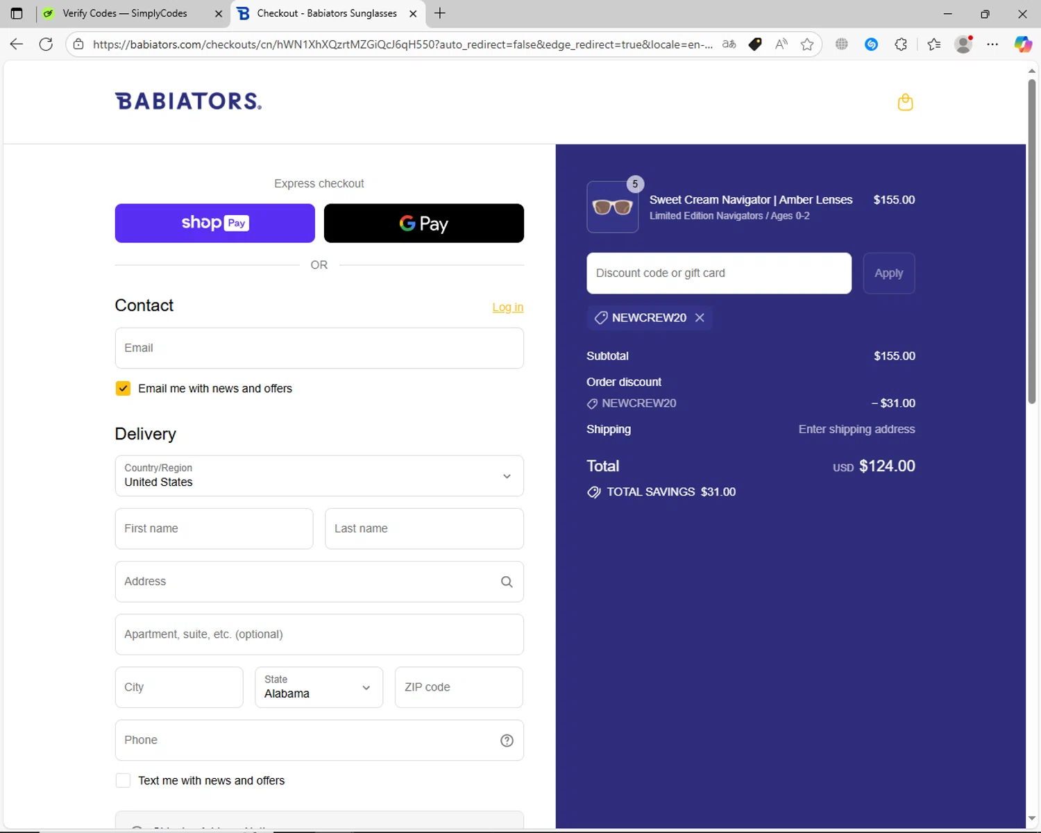 Babiators discount code screenshot showing code NEWCREW20 applied at Babiators checkout page. Uploaded by SimplyCodes community member jhoanDepp on Aug 8, 2025