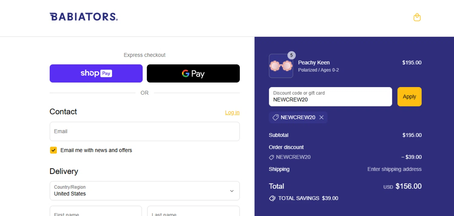 Babiators discount code screenshot showing code NEWCREW20 applied at Babiators checkout page. Uploaded by SimplyCodes community member victorchacon on Jul 14, 2025