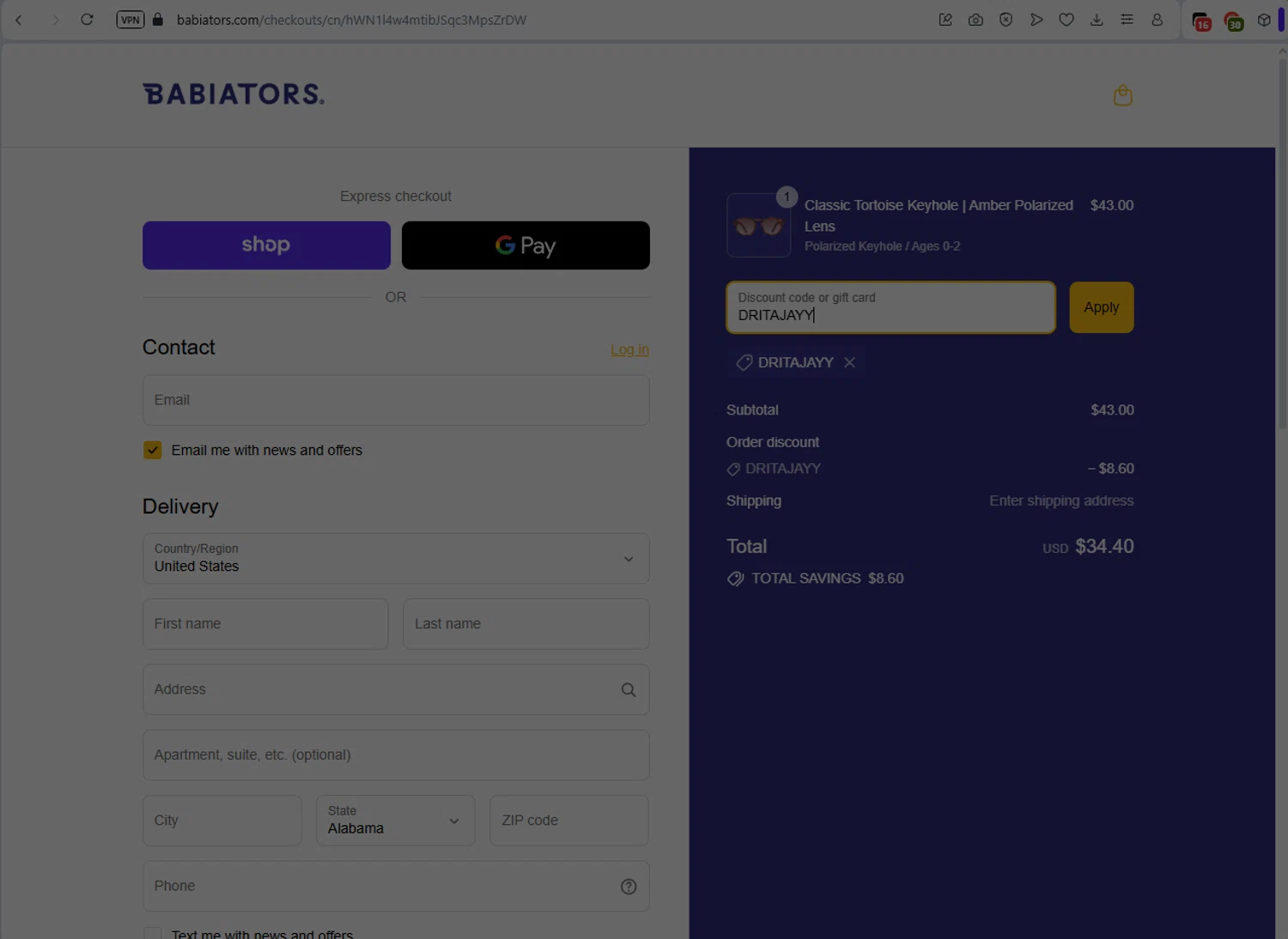 Babiators discount code screenshot showing code DRITAJAYY applied at Babiators checkout page. Uploaded by SimplyCodes community member LukaModric on Aug 13, 2025