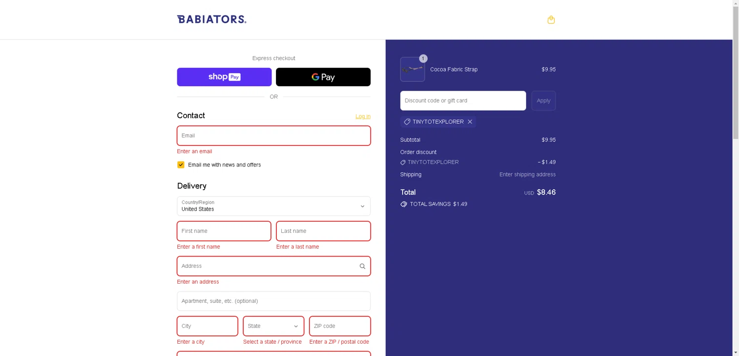 Babiators discount code screenshot showing code Tinytotexplorer applied at Babiators checkout page. Uploaded by SimplyCodes community member BargainCurator5453 on Aug 17, 2025