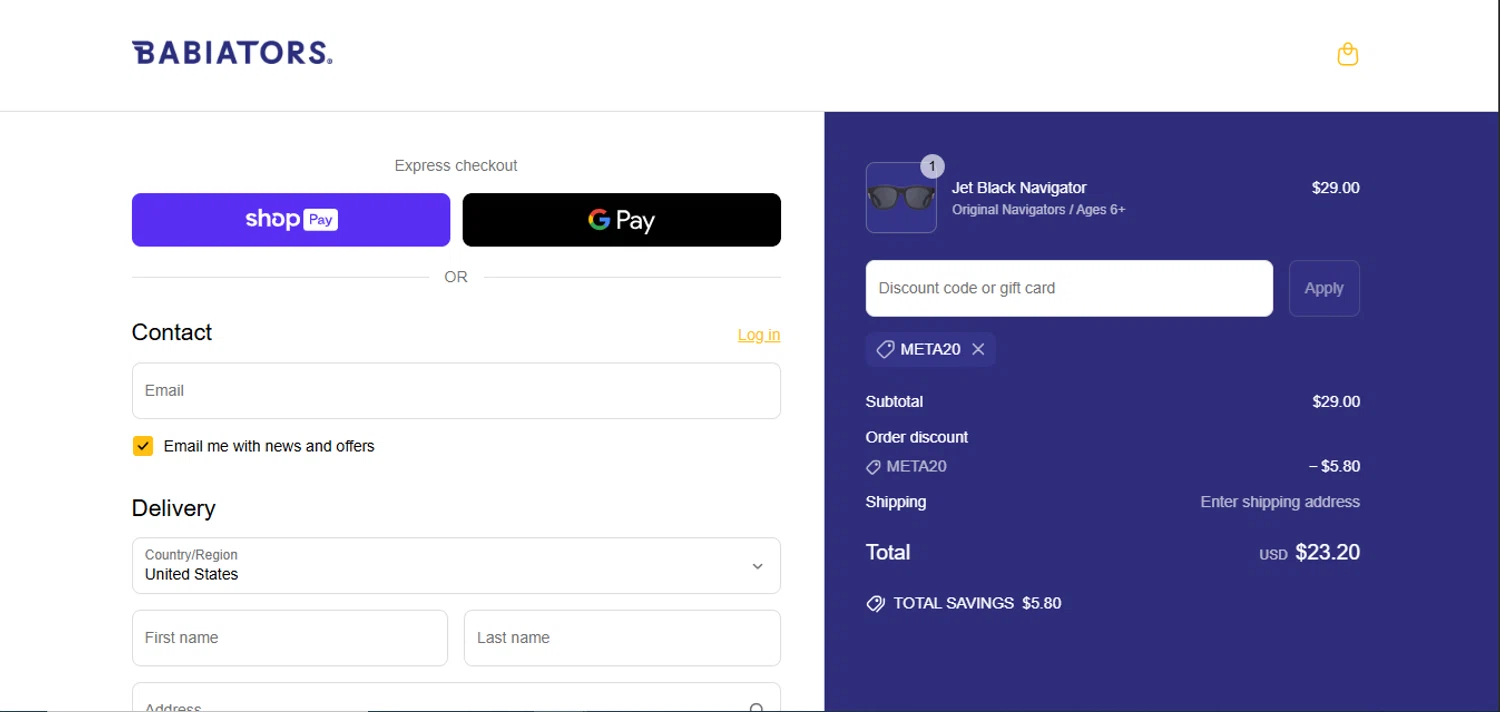 Babiators discount code screenshot showing code META20 applied at Babiators checkout page. Uploaded by SimplyCodes community member juanisaac on May 26, 2025