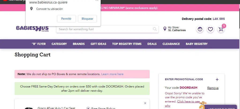 Babies "R" Us checkout page showing Babies "R" Us discount code box | Screenshot taken by SimplyCodes community member on Aug 13, 2023