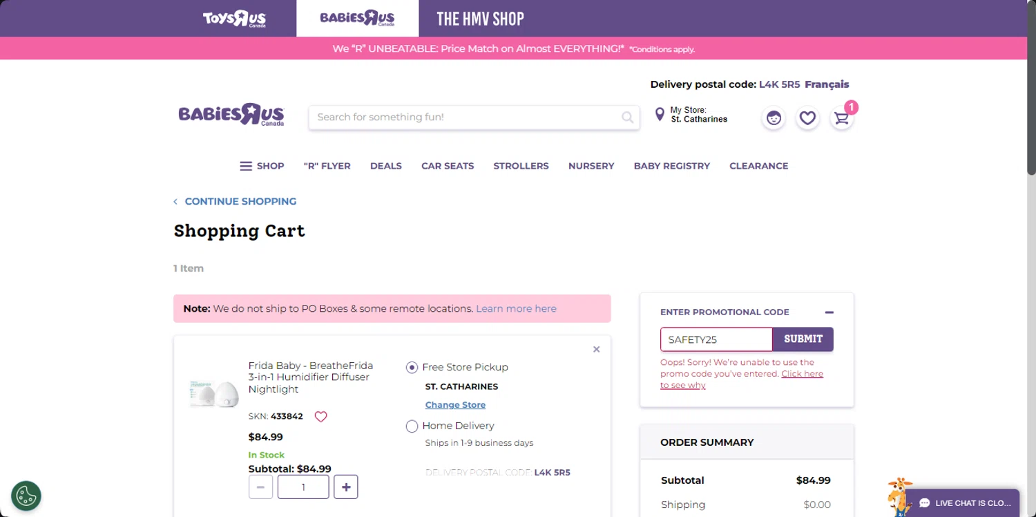 Babies "R" Us discount code screenshot showing code SAFETY25 applied at Babies "R" Us checkout page. Uploaded by SimplyCodes community member the_loose_cannon on Jan 29, 2025