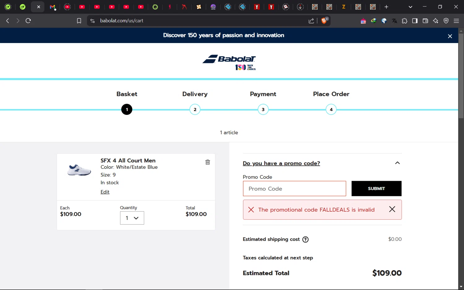 Babolat.com promo code screenshot showing code FALLDEALS applied at Babolat.com checkout page. Uploaded by SimplyCodes community member Norman_KSD on Mar 27, 2025