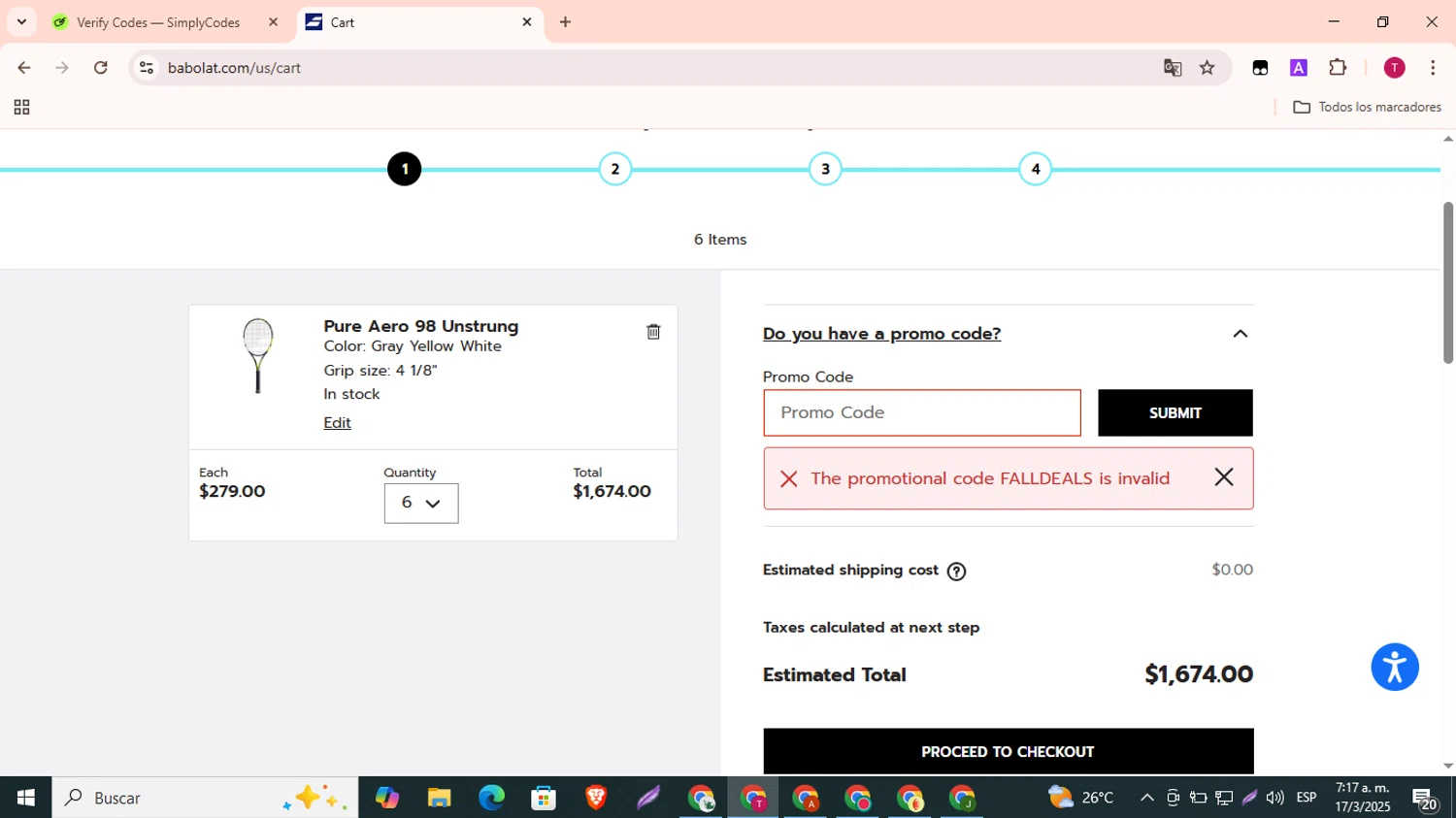 Babolat.com promo code screenshot showing code FALLDEALS applied at Babolat.com checkout page. Uploaded by SimplyCodes community member SavvyLynx7166 on Mar 17, 2025