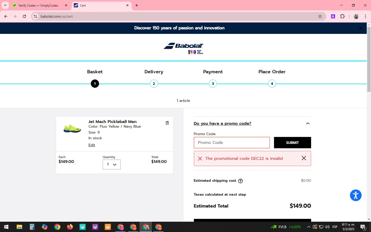 Babolat.com promo code screenshot showing code DEC22 applied at Babolat.com checkout page. Uploaded by SimplyCodes community member SARAI13 on Mar 5, 2025