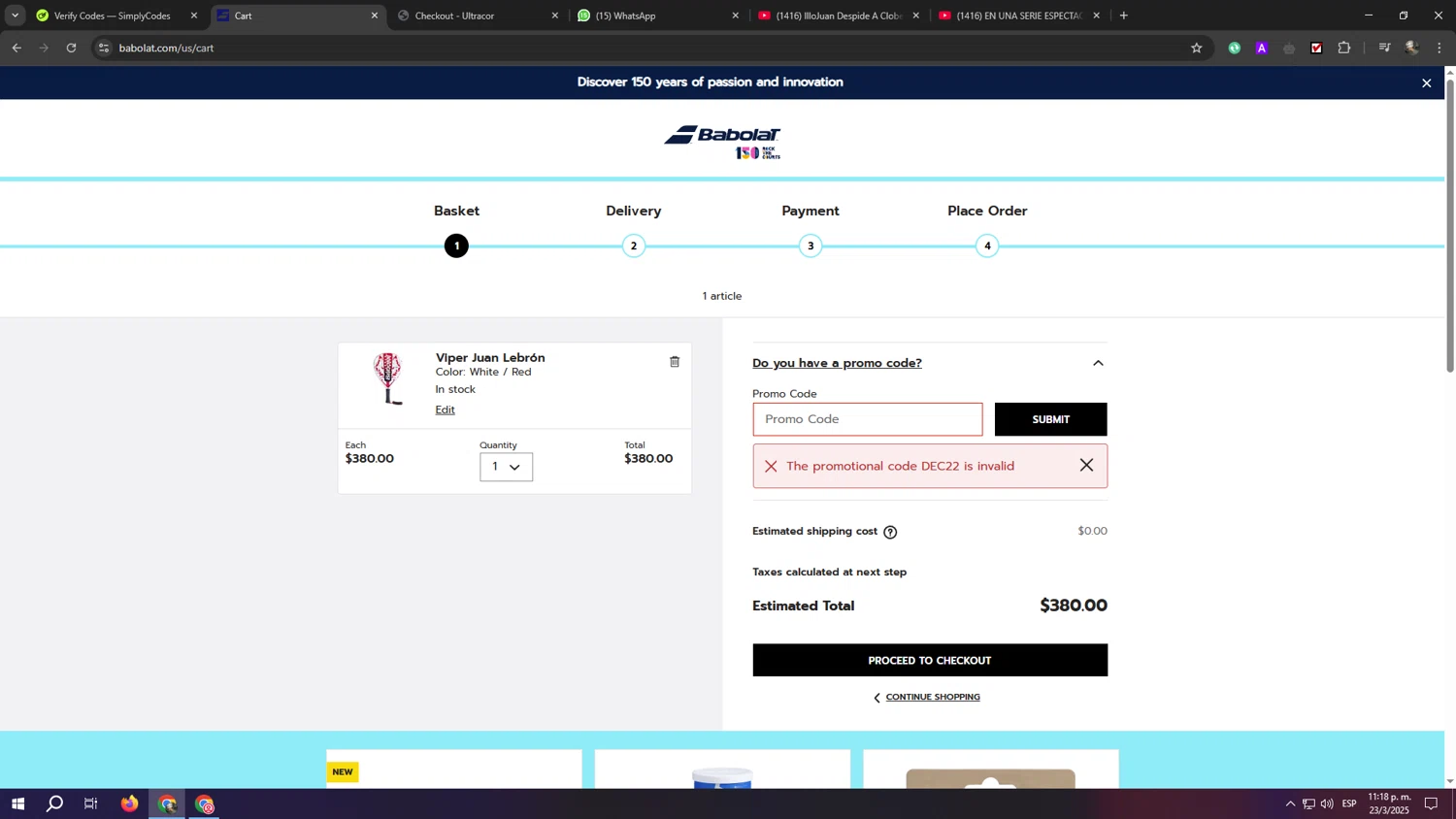 Babolat.com promo code screenshot showing code DEC22 applied at Babolat.com checkout page. Uploaded by SimplyCodes community member eliaskao on Mar 24, 2025