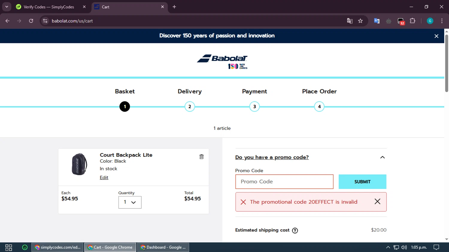Babolat.com promo code screenshot showing code 20EFFECT applied at Babolat.com checkout page. Uploaded by SimplyCodes community member PromoMonarch5278 on Mar 24, 2025