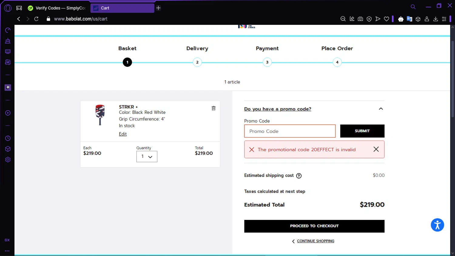 Babolat.com promo code screenshot showing code 20EFFECT applied at Babolat.com checkout page. Uploaded by SimplyCodes community member RewardLion134 on Jan 16, 2025