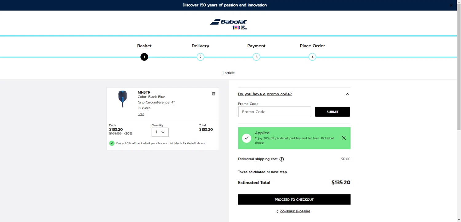 Babolat.com checkout page showing Babolat.com promo code box | Screenshot taken by SimplyCodes community member on Dec 15, 2025