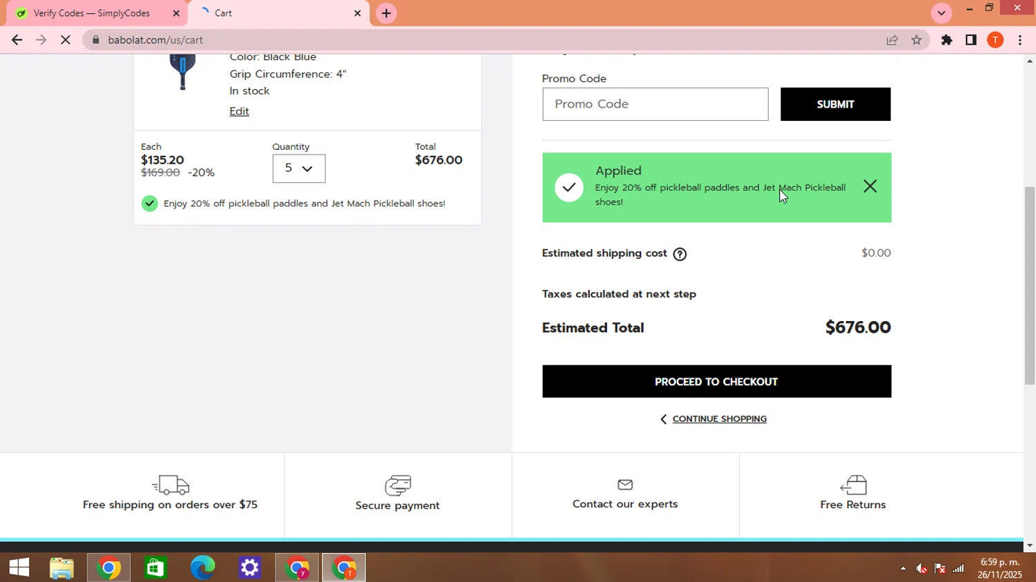 Babolat.com promo code screenshot showing code PBEFFECT applied at Babolat.com checkout page. Uploaded by SimplyCodes community member HHHHHHH on Nov 26, 2025