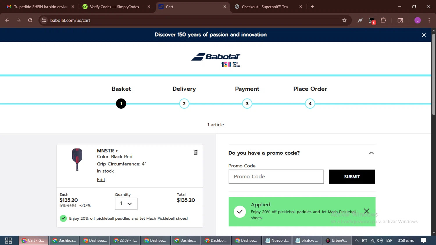 Babolat.com promo code screenshot showing code PBEFFECT applied at Babolat.com checkout page. Uploaded by SimplyCodes community member RewardScout5160 on Dec 6, 2025
