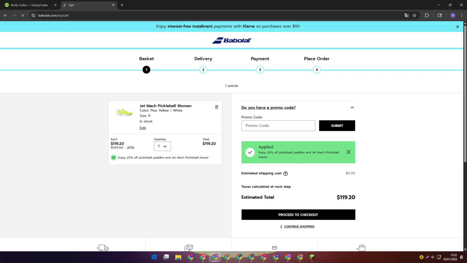 Babolat.com promo code screenshot showing code PBEFFECT applied at Babolat.com checkout page. Uploaded by SimplyCodes community member SAKURA on Jan 18, 2026