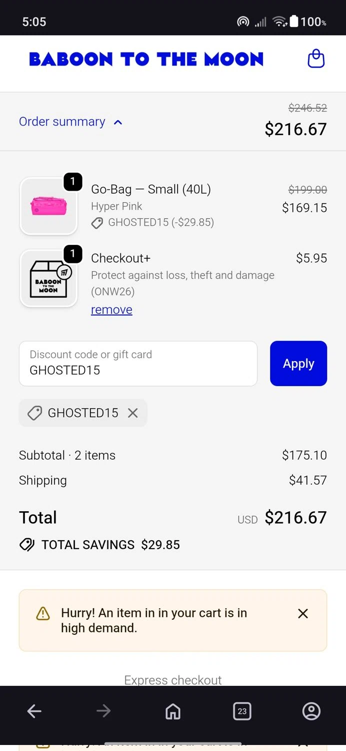 Baboon To The Moon discount code screenshot showing code GHOSTED15 applied at Baboon To The Moon checkout page. Uploaded by SimplyCodes community member Mark13 on Dec 6, 2025