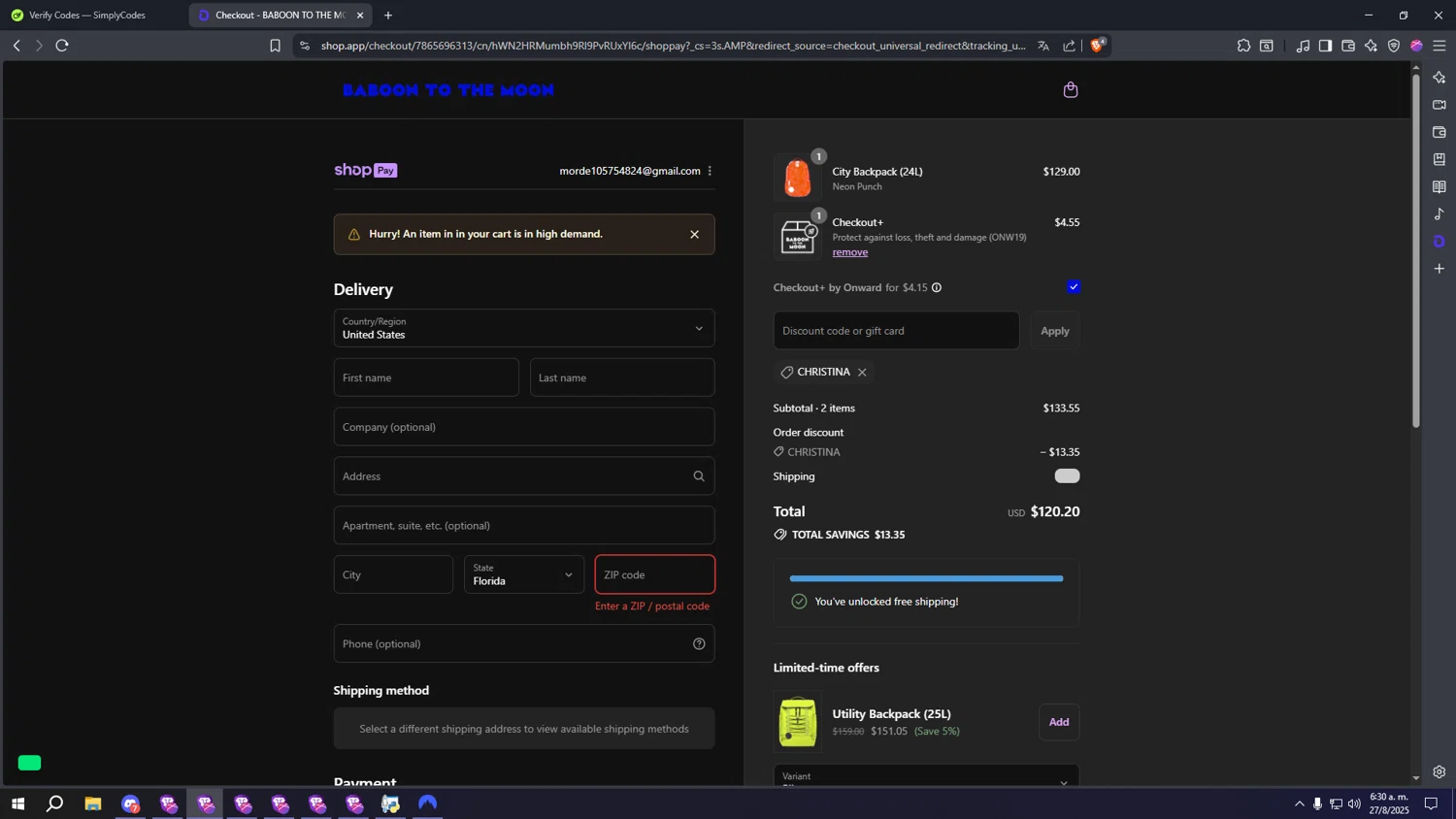 Baboon To The Moon discount code screenshot showing code CHRISTINA applied at Baboon To The Moon checkout page. Uploaded by SimplyCodes community member aaaaaaaaaaaaaaaa on Aug 27, 2025