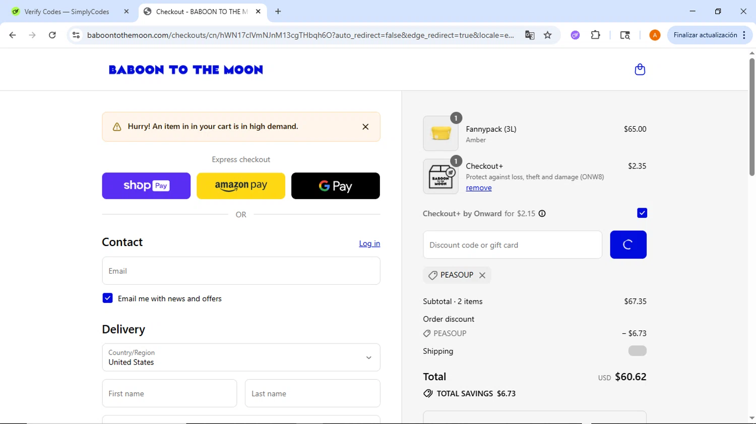 Baboon To The Moon discount code screenshot showing code PEASOUP applied at Baboon To The Moon checkout page. Uploaded by SimplyCodes community member ThriftyMaverick437 on Jul 27, 2025