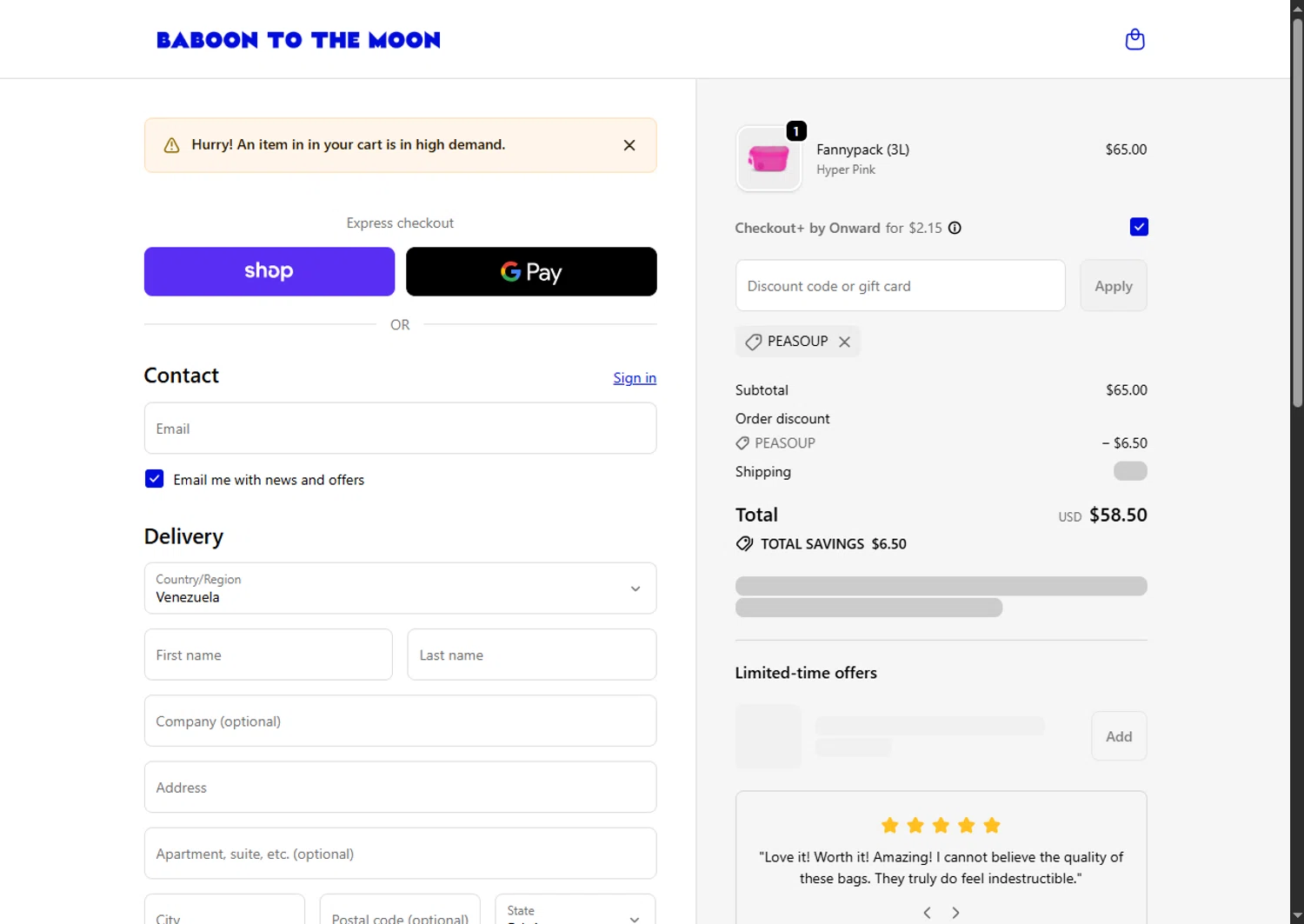 Baboon To The Moon discount code screenshot showing code PEASOUP applied at Baboon To The Moon checkout page. Uploaded by SimplyCodes community member VoucherFinder3467 on Jan 28, 2026