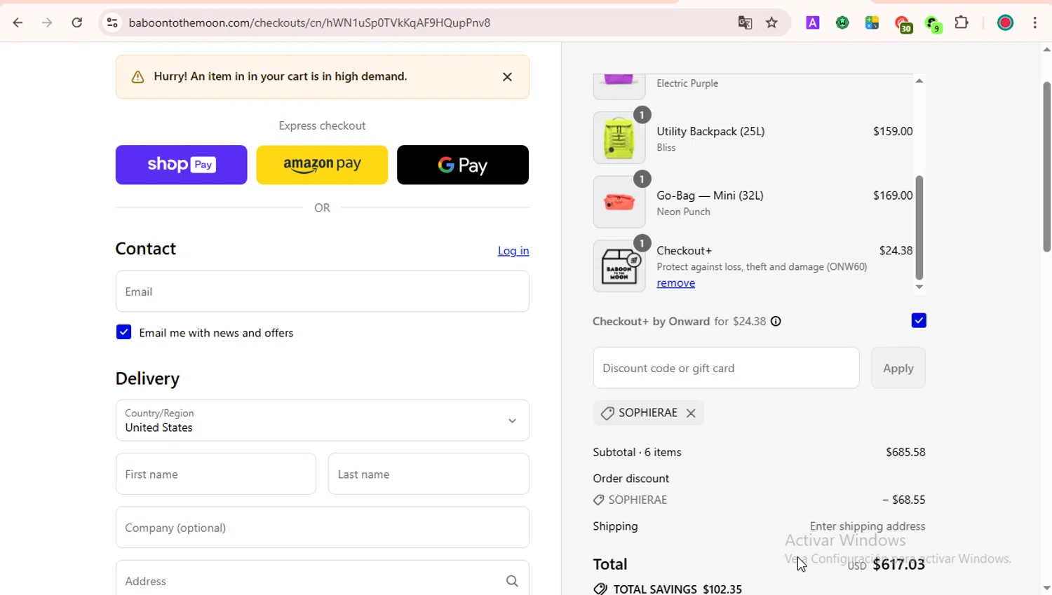 Baboon To The Moon discount code screenshot showing code SOPHIERAE applied at Baboon To The Moon checkout page. Uploaded by SimplyCodes community member LOVECOUPON on Aug 17, 2025