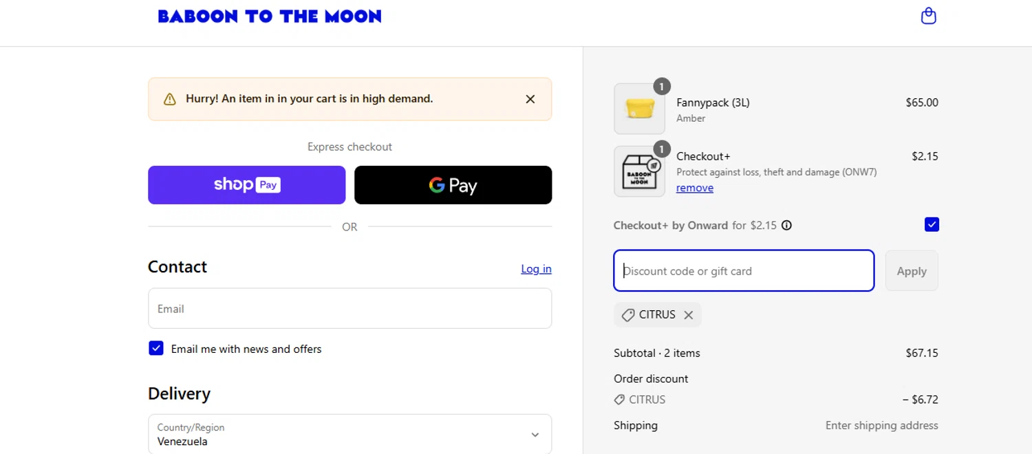 Baboon To The Moon discount code screenshot showing code CITRUS applied at Baboon To The Moon checkout page. Uploaded by SimplyCodes community member ashe1986 on Jun 26, 2025