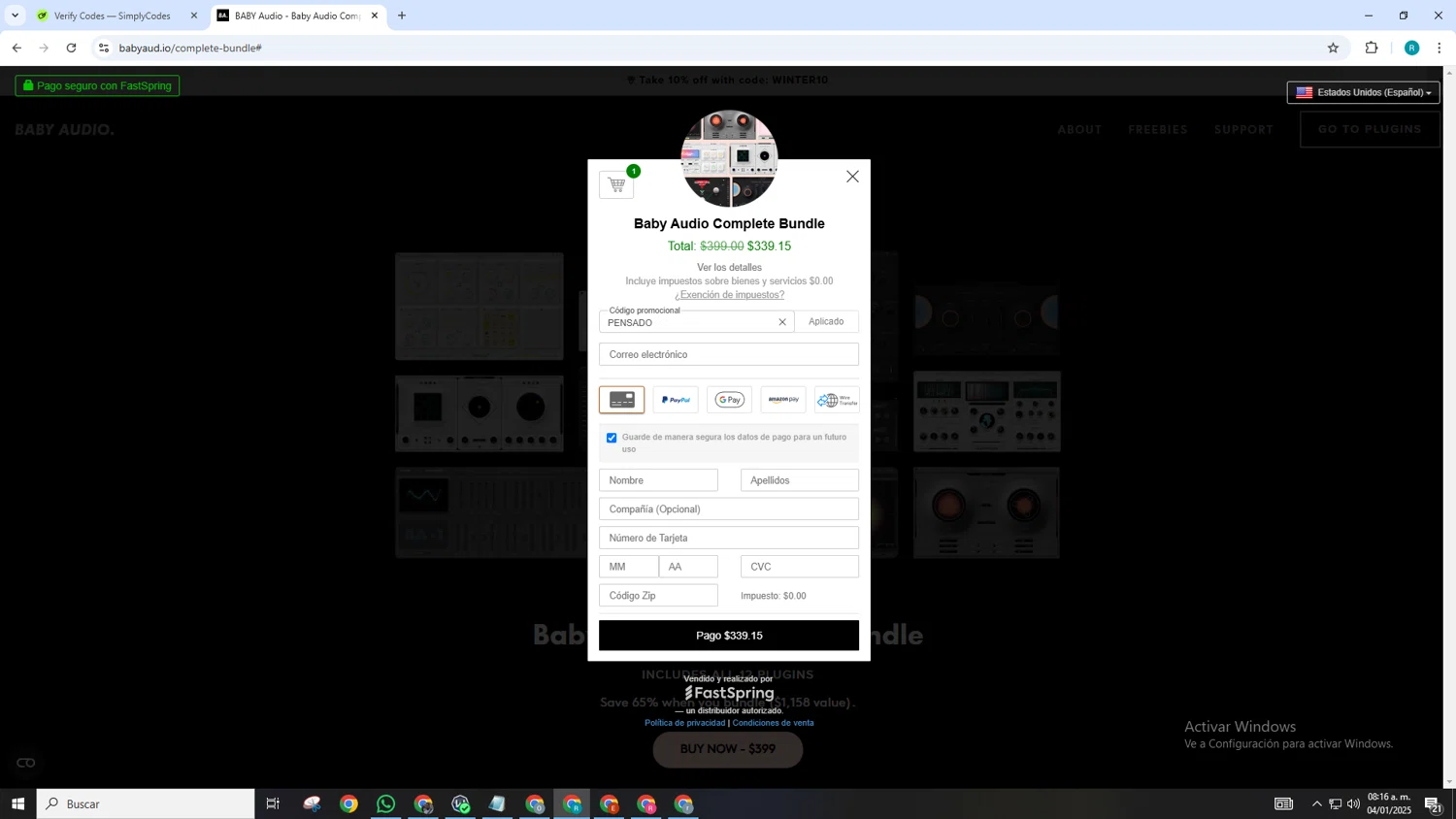 BABY Audio discount code screenshot showing code PENSADO applied at BABY Audio checkout page. Uploaded by SimplyCodes community member SmartGenius3209 on Jan 4, 2025