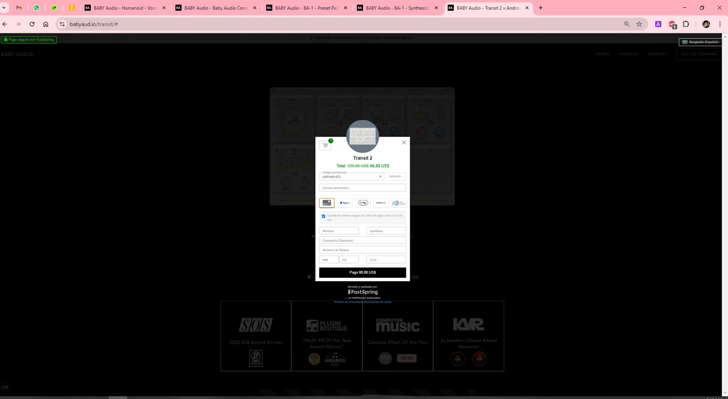 BABY Audio discount code screenshot showing code UNFINISHED applied at BABY Audio checkout page. Uploaded by SimplyCodes community member Scarleth_2GGD on Feb 25, 2025