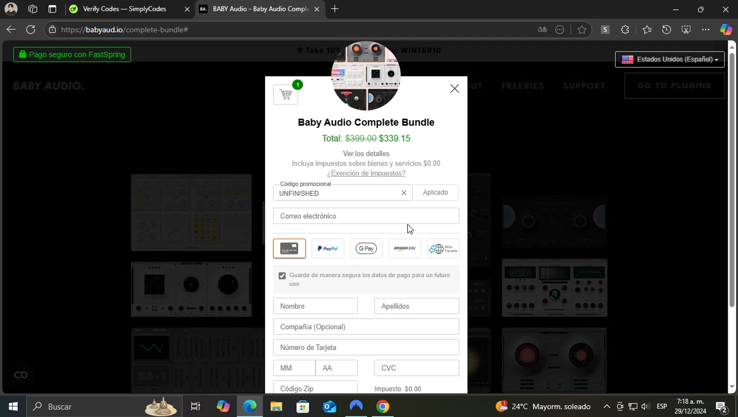 BABY Audio discount code screenshot showing code UNFINISHED applied at BABY Audio checkout page. Uploaded by SimplyCodes community member WonderKnight7884 on Dec 29, 2024