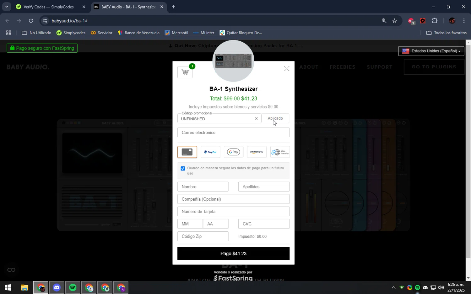 BABY Audio discount code screenshot showing code UNFINISHED applied at BABY Audio checkout page. Uploaded by SimplyCodes community member DealEagle493 on Jan 27, 2025