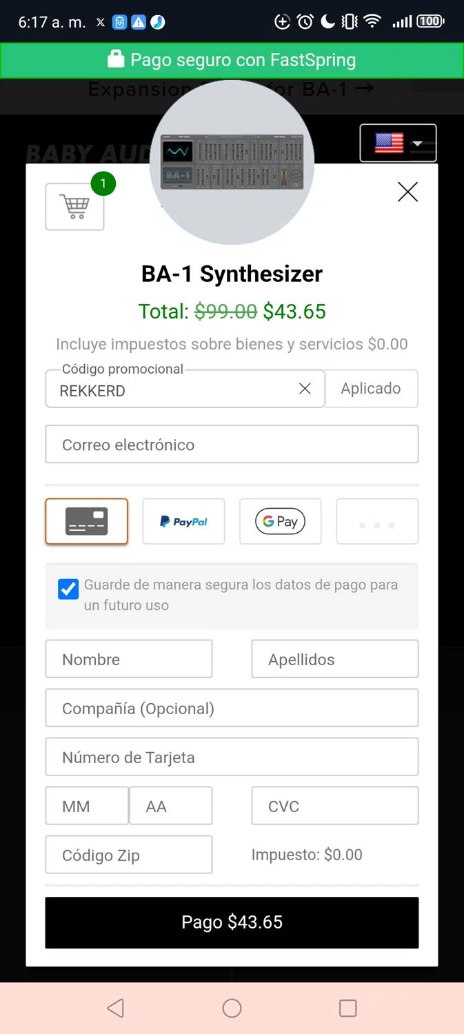 BABY Audio discount code screenshot showing code REKKERD applied at BABY Audio checkout page. Uploaded by SimplyCodes community member Narutooooo on Feb 2, 2025