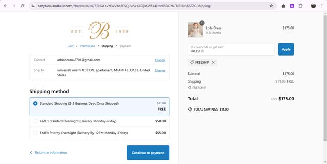 Baby Beau & Belle checkout page showing Baby Beau & Belle promo code box | Screenshot taken by SimplyCodes community member on Feb 24, 2025