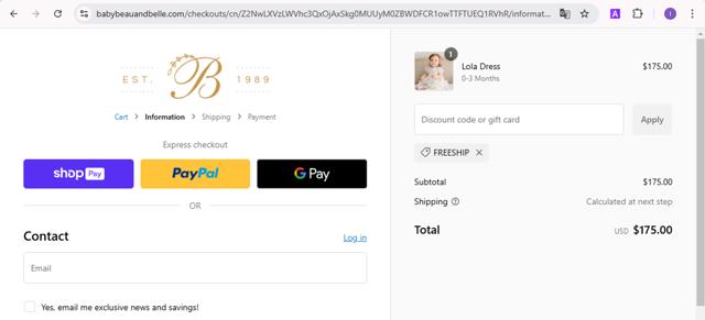 Baby Beau & Belle checkout page showing Baby Beau & Belle promo code box | Screenshot taken by SimplyCodes community member on Jan 8, 2025