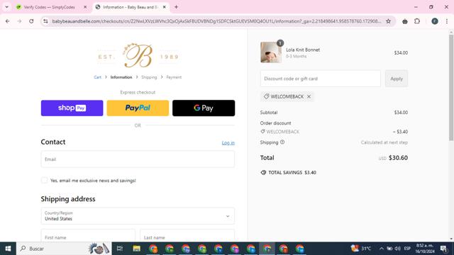 Baby Beau & Belle checkout page showing Baby Beau & Belle promo code box | Screenshot taken by SimplyCodes community member on Oct 16, 2024